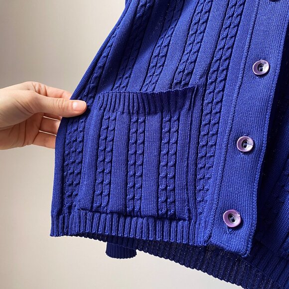 🍂 70s Vintage Royal Blue Fitted Cardigan Textured Cable Knit With Pockets - Picture 4 of 5